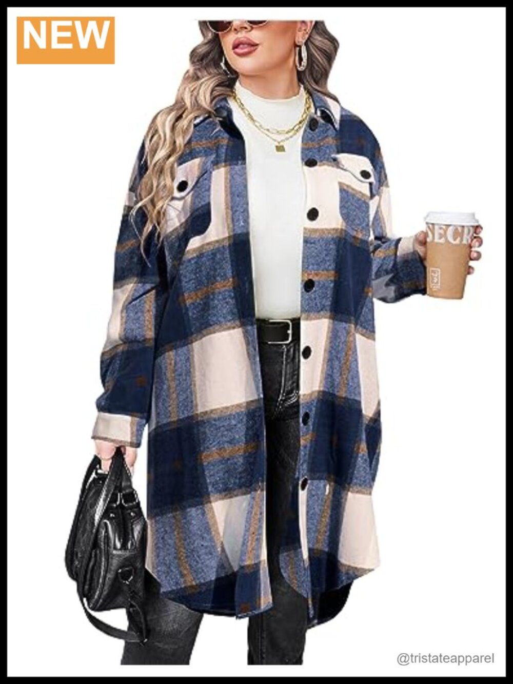 Plus Size Flannel Plaid Shacket Long Sleeve Button Down Jacket Women